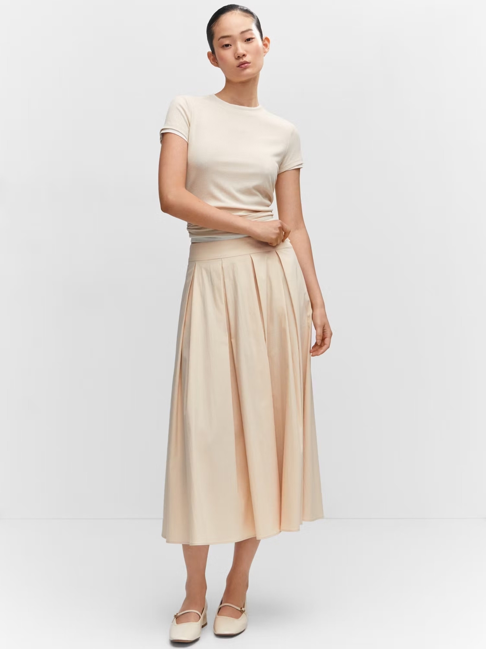 Mango Pleated Midi Skirt in Light Beige